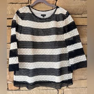 Talbots Black and White Striped Crochet Lace Lined Blouse